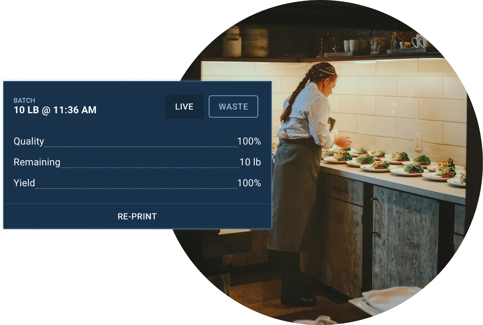 Chef in a white shirt and grey apron preparing plated dishes on a kitchen counter with a blue batch status overlay showing 10 lb at 11:36 AM, quality 100%, remaining 10 lb, and yield 100%.