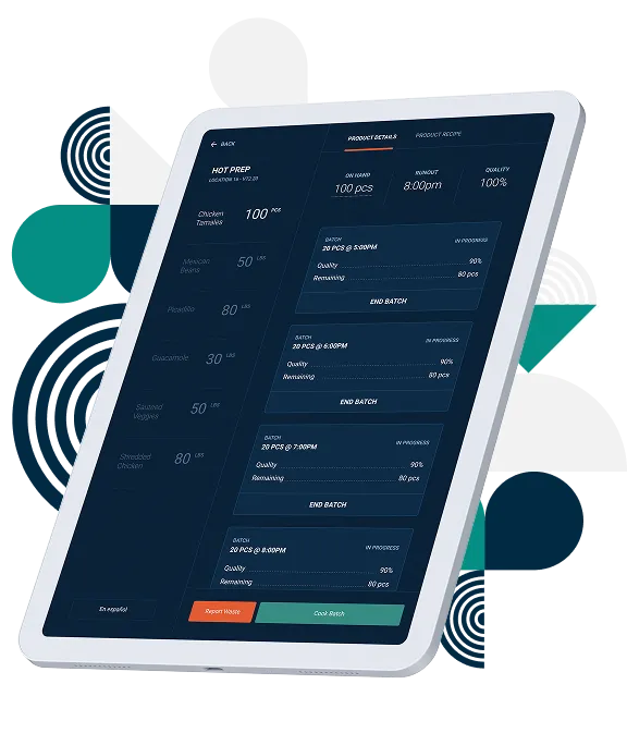 Tablet displaying a food preparation app interface showing hot prep items, batch details, quality, and options to report waste or cook batch.