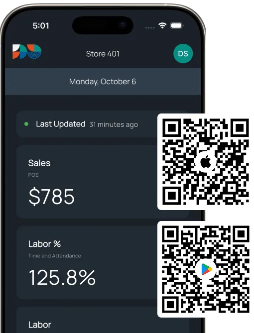 Screenshot of the Dataspoon Home Screen with a QR code to the App store and the Playstore. 