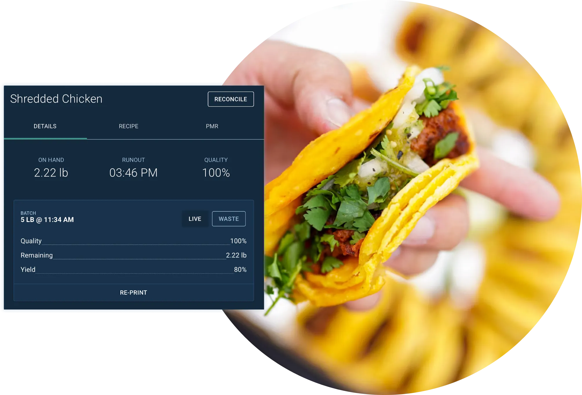 Hand holding a yellow corn taco filled with shredded chicken, cilantro, onions, and green salsa, with a background of more tacos and a UI overlay showing shredded chicken inventory details.
