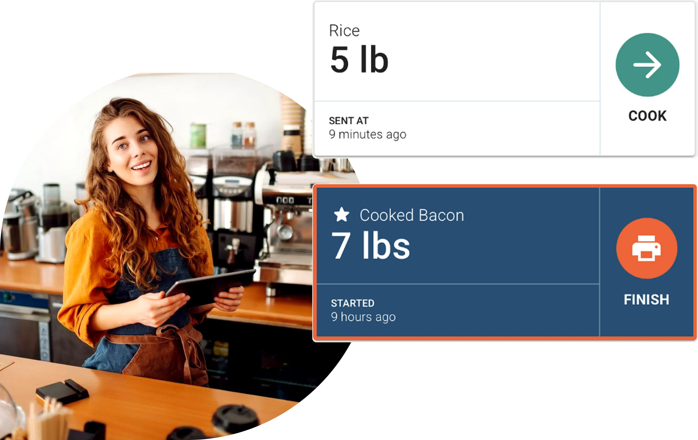 Smiling woman in an apron holding a tablet in a café with cooking status cards for rice and cooked bacon displayed.
