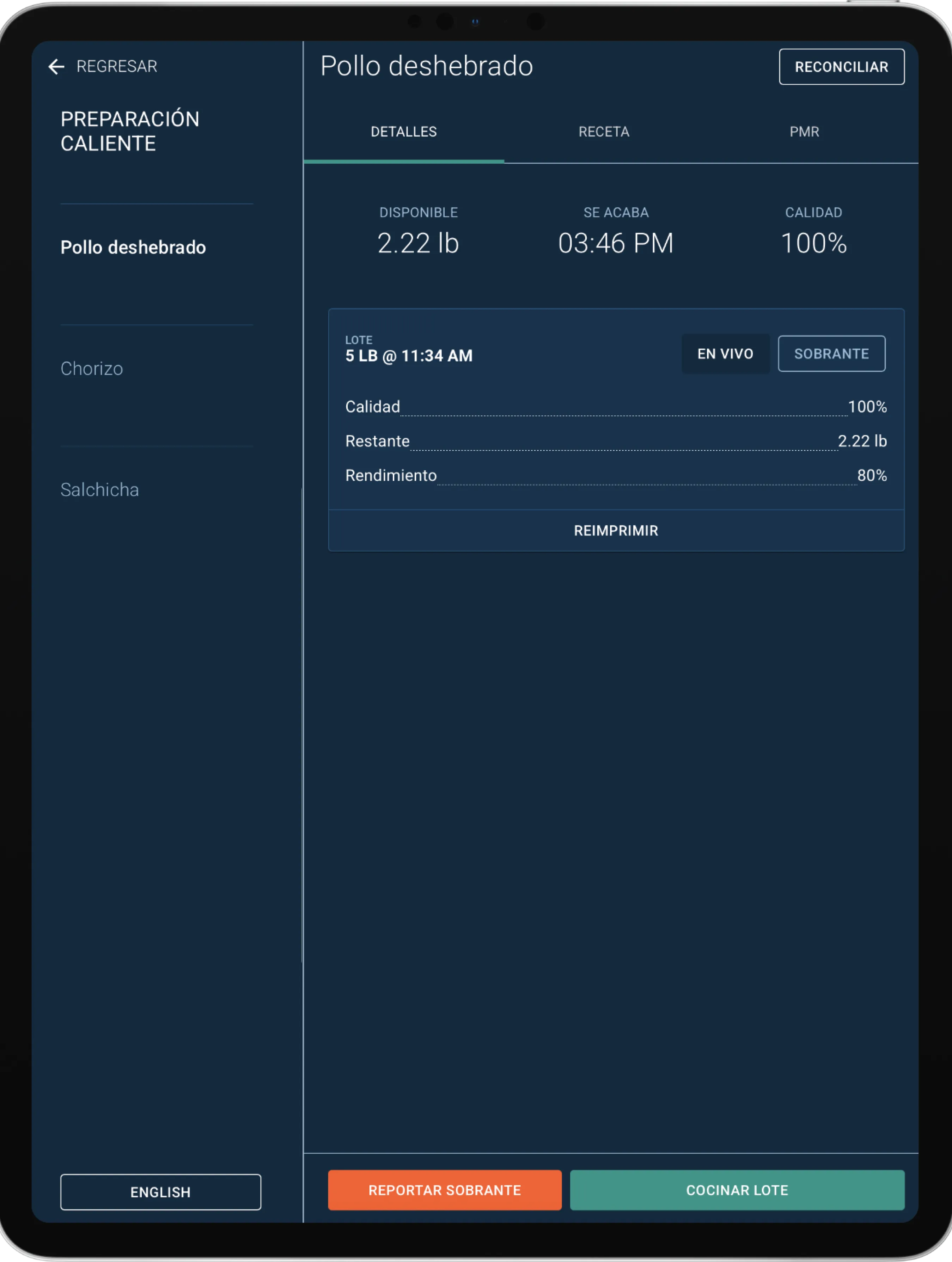 Tablet screen showing details for shredded chicken with 2.22 pounds available, expiration time 3:46 PM, and quality at 100%. Batch of 5 pounds started at 11:34 AM with 80% yield.